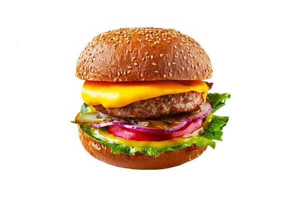 Гамбургер Сиром Ясною Котлетиною Помідорами Цибулею Маринованими Огірками Салатом Соусом — стокове фото