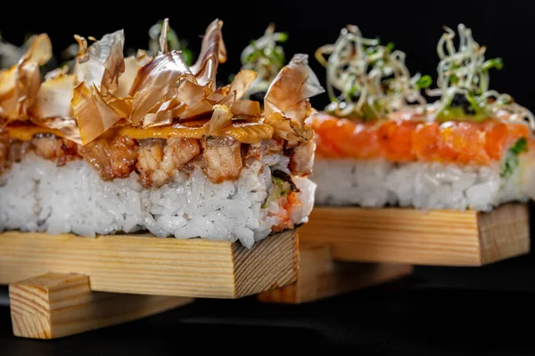 Oshi Sushi Assorted Oshi Sushi Salmon Microgreens Rice Japanese Mayonnaise — стокове фото