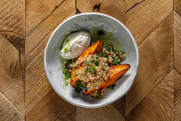 Sweet Potato Baked Oven Teriyaki Sauce Couscous Vegetables Cilantro Sprinkled — Stock fotografie