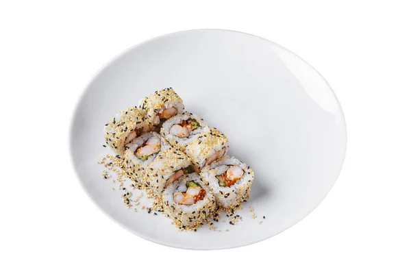 Roll Shrimps Nori Sesame Seeds Rice Salmon Caviar Sauce Plate — Foto Stock