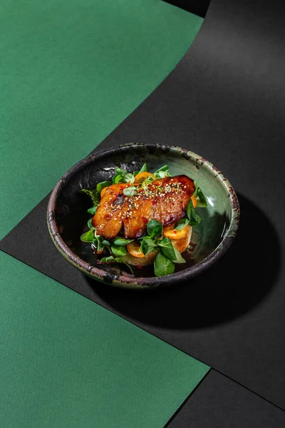 Brioche Bun Lettuce Kumquat Microgreen Sprouts Top Sea Bass Fillet — Stockfoto