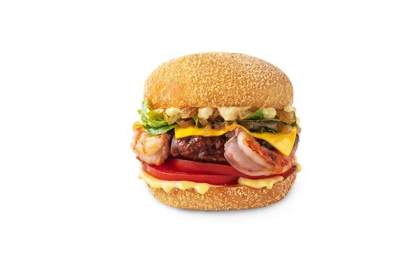 Hamburger Met Garnalen Kotelet Tomaten Saus Kaas Salade Een Witte — Stockfoto
