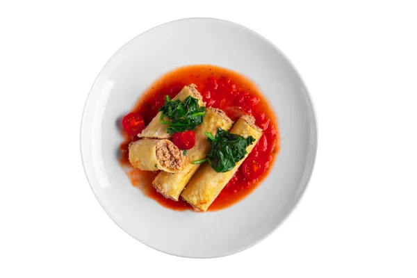 Pancakes Minced Pork Spinach Tomatoes Red Sauce Plate White Plate — Stock Fotó