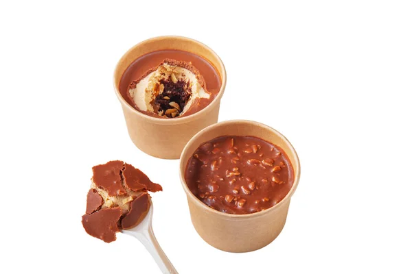 Creme Brulee Peanuts Caramel Crust Jam Cream Paper Cups Spoon — Stockfoto