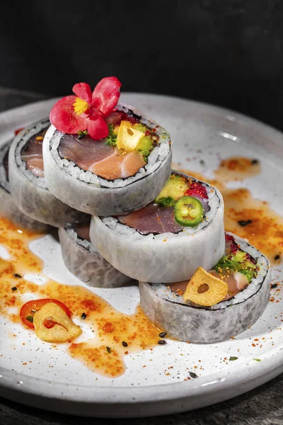 Roll Tuna Salmon Fillet Avocado Tobiko Caviar Nearby Sweet Sour — Foto Stock