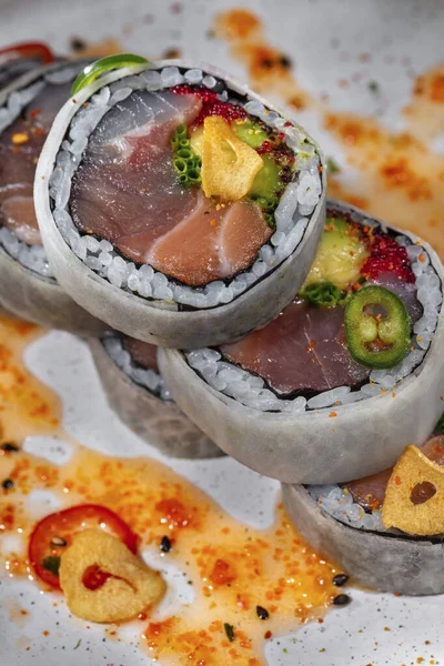 Roll Tuna Salmon Fillet Avocado Tobiko Caviar Nearby Sweet Sour — Foto Stock