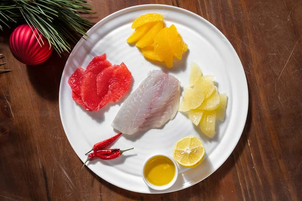 Fillet Raw Fish Plate Oranges Lemon Grapefruit Mustard Chili Peppers — Stock Fotó