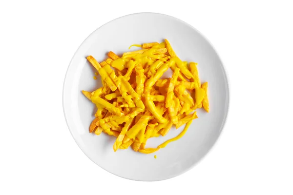 French Fries Cheese Sauce Plate White Background — Stock fotografie