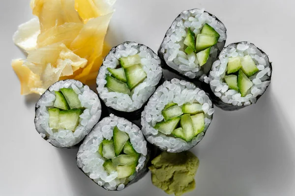 Roll Cucumber Pickled Ginger Wasabi Food Lies White Ceramic Plate — 스톡 사진