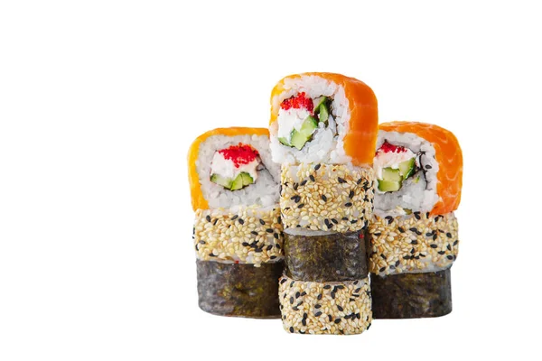Several Rolls Avocado Tobiko Caviar Sesame Seeds Rice Nori Salmon — Fotografia de Stock