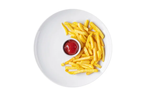 Frietjes Met Ketchup Een Schaal Een Bord Een Witte Achtergrond — Stockfoto