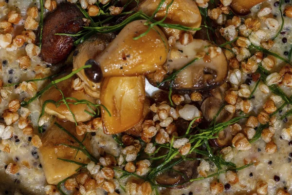 Porridge Wheat Mushrooms Herbs Plate — Stok fotoğraf