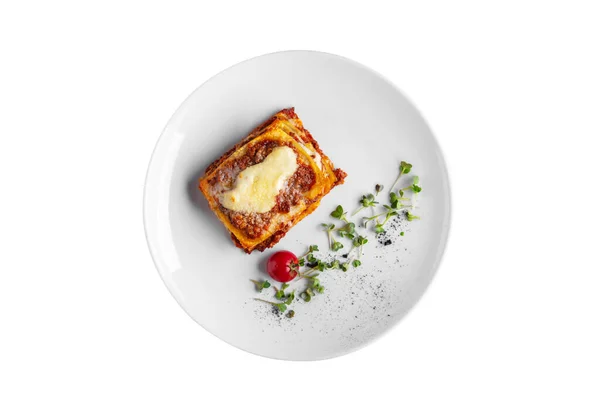 Lasagna Cheese Meat Ketchup Puff Pastry Tomatoes Mung Bean Salad — Stock Fotó