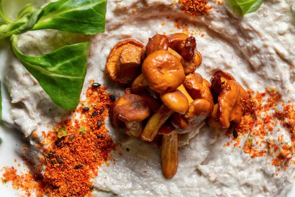 Hummus Paste Chanterelle Mushrooms Lettuce Ground Paprika Top Cook Puts — Stok fotoğraf