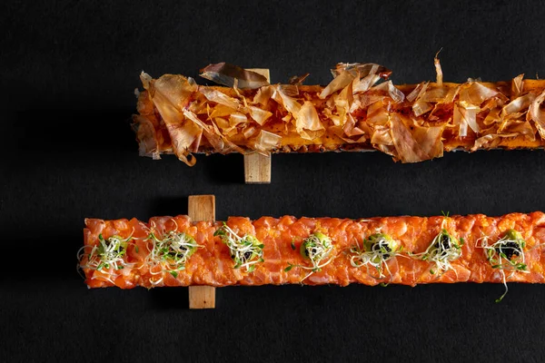 Oshi Sushi Assorted Oshi Sushi Salmon Microgreens Rice Japanese Mayonnaise — стокове фото