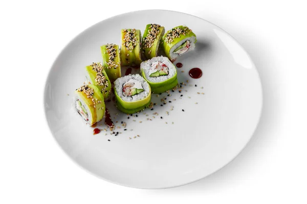 Roll Rice Eel Sesame Seeds Avocado Cucumber Tobiko Caviar Sauce — Foto Stock
