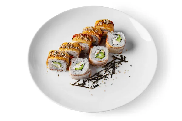 Roll Rice Eel Sesame Seeds Avocado Sauce Philadelphia Cheese Nori —  Fotos de Stock