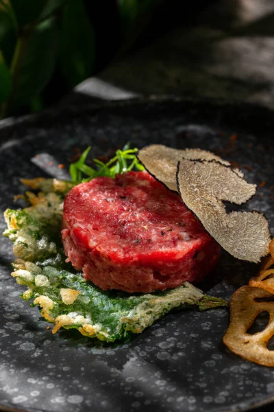 Wagyu Japanese Marbled Veal Tartare Finely Chopped Meat Lies Top — Stock Photo, Image