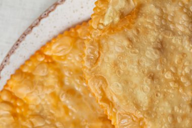 Kuzu eti, soğan ve suluguni peyniri ile doldurulmuş chebureki tabakta yatıyor. Yakınlarda sebze salatası, domates, soğan, sarımsak ve kişniş bulunur. Yemek oval, hafif, seramik bir tabakta. Tabak bir ışığın üzerinde duruyor, keten kumaş..