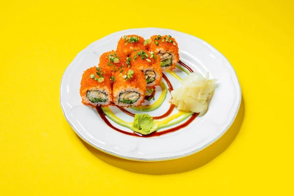 Sushi Roll Stuffed Eel Japanese Mayonnaise Cucumber Wrapped Rice Sprinkled — Foto de Stock