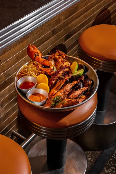 Metal Tray Lies Assortment Grilled Seafood Tiger Prawns Octopus Lobster — стоковое фото