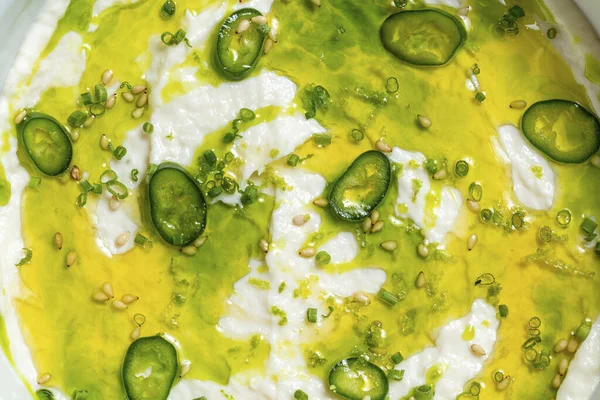 Hummus Avocado Sauce Chili Tortilla Chips Plate Iron Baking Sheet — Zdjęcie stockowe