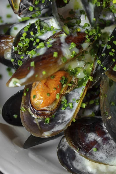 Mussels Fried Creamy Garlic Sauce Topped Finely Chopped Green Onions — Stock Photo, Image