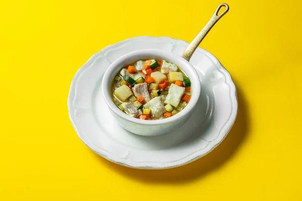 Soup Ukha Sturgeon Fillet Cut Small Pieces Potatoes Carrots Zucchini — Stock fotografie