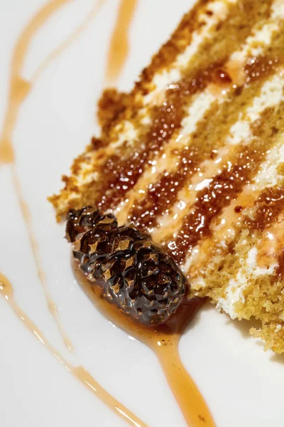 Honey Cake Triangular Piece Layer Cake Medovik Cone Jam Small — Stok fotoğraf