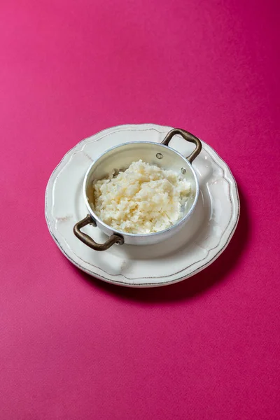 Boiled Rice Plate Pink Background — Foto Stock