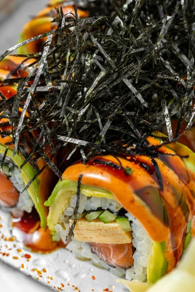 Sushi Roll Stuffed Salmon Tofu Cheese Sushi Wrapped Rice Avocado — 스톡 사진