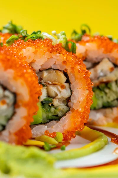 Sushi Roll Stuffed Eel Japanese Mayonnaise Cucumber Wrapped Rice Sprinkled — Foto Stock