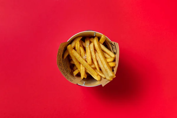 Fried Fries Salt Small Bucket Red Background — Foto de Stock