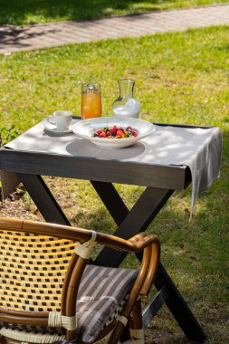Breakfast granola with raspberries, strawberries and blueberries in a deep plate with wide margins. Nearby is a glass of juice and a carafe of yogurt. The food is on a wooden table in the middle of a clearing with a lawn.
