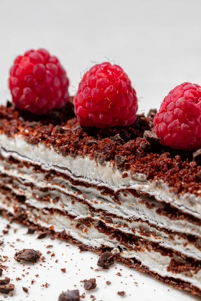 Piece Ice Cream Cake Chocolate Chips Raspberries Dessert Lies Light — 스톡 사진