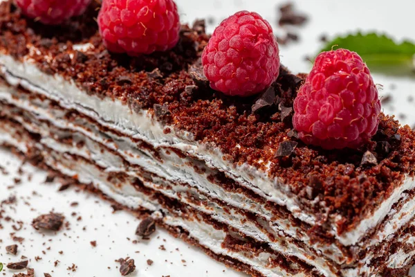 Piece Ice Cream Cake Chocolate Chips Raspberries Dessert Lies Light — Φωτογραφία Αρχείου