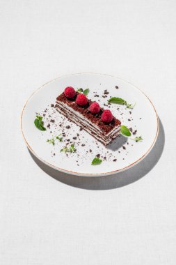 A piece of ice cream cake with chocolate chips and raspberries. The dessert lies on a light ceramic plate on a light tablecloth.