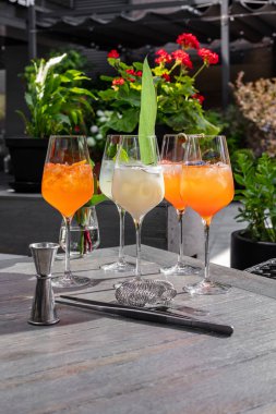 Assorted spritz cocktails of coconut, classic, Sicilian, basil and orange. Cocktails stand on a wooden tabletop, bar accessories lie nearby.