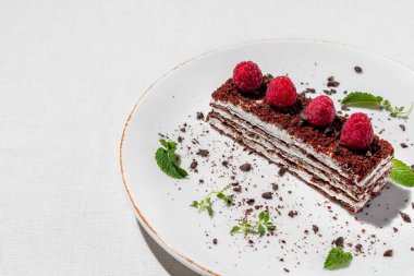 A piece of ice cream cake with chocolate chips and raspberries. The dessert lies on a light ceramic plate on a light tablecloth.
