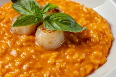 Italian dish risotto with cheddar cheese and grilled scallop, with basil leaves on top. Food in a light ceramic plate with wide margins on a marble background.