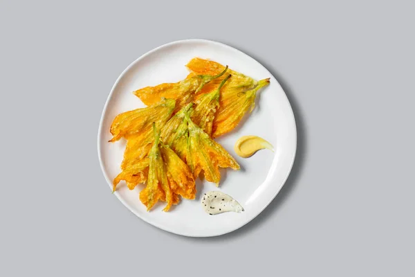 Deep Fried Zucchini Flowers Various Sauces White Ceramic Plate Gray — Stock Photo, Image