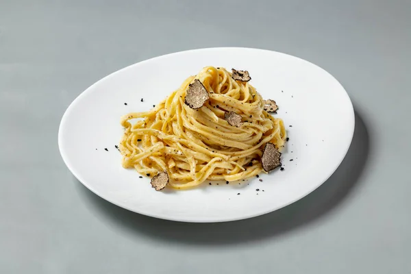 Homemade Spaghetti Pasta Truffle Mushroom Slices Light Ceramic Plate Stands — Stock Photo, Image