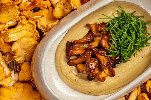 Hummus Fried Chanterelle Mushrooms Chopped Greens Food Light Ceramic Dishes — Stockfoto