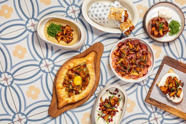 Assorted Caucasian dishes with fried chanterelle mushrooms stands in different dishes and stands on the floor with a pattern. Khachapuri, hummus, tartare, dumplings, carpaccio and bruschetta with fried chanterelles.