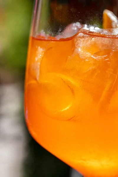 Classic Aperol Spritz Cocktail Cocktail Poured Glass High Stem Held — Stock Photo, Image