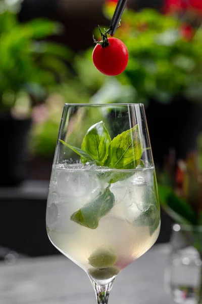 Basil Spritz Cocktail Basil Leaves Olives Cherry Tomato Cocktail Tall — Foto de Stock