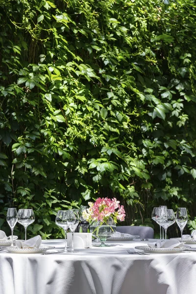 A round table with a white tablecloth stands in the middle of a lawn and a fence of grapes. Plates with underplates are served on the table. cutlery and wine glasses. There are chairs around the table.