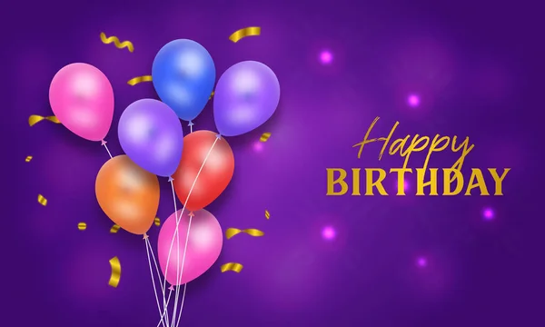 Realistisches Happy Birthday Hintergrunddesign Mit Lila Farbe Und Luftballons — Stockvektor