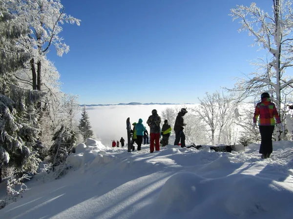 Bulutların üstündeki snowboardcular