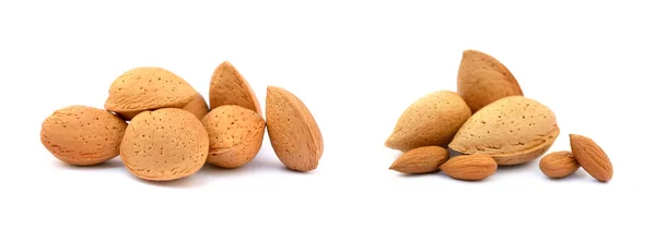 Pico Amêndoas Frescas Conchas Isoladas Sobre Fundo Branco — Fotografia de Stock